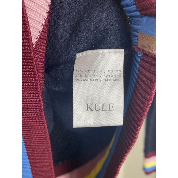 Kule Navy Blue Cashmere Blend Crewneck Sweater Rainbow Striped Cuff‎ Size Small - Picture 7 of 8